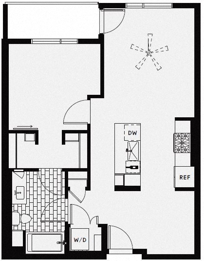 Floor plan for 1 bed, 1 bath, 743 sqft